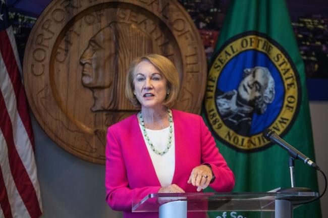 Seattle Mayor Jenny Durkan speaks at the press conference in August after police Chief Carmen Best abruptly announced her retirement. (Steve Ringman / The Seattle Times)
