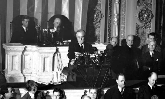 President Franklin D Roosevelt in Congress appealing for a declaration of war against Japan, 8 December 1941 Photograph: AP