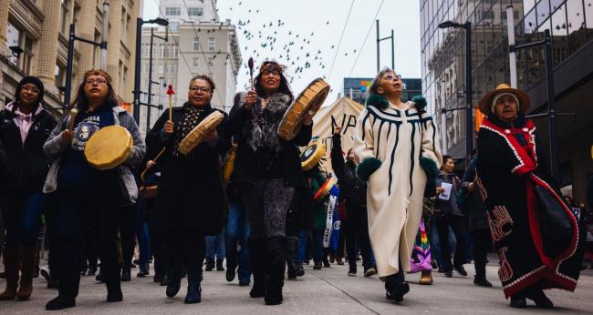 Indigenous leaders march on Jan. 8, 2019, in Vancouver, B.C. Rallies were held across Canada to show solidarity with Wet'suwet'en. Photo by Michael Ruffolo