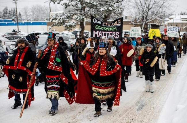 Wet'suwet'en Hereditary Chiefs who oppose the Costal Gaslink pipeline take part in a rally in Smithers B.C., on Friday, January 10, 2020. File photo by The Canadian Press/Jason Franson
