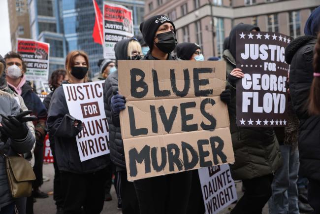 Demonstrators protest near the Hennepin County Courthouse on April 19, 2021, in Minneapolis, Minnesota. SCOTT OLSON / GETTY IMAGES