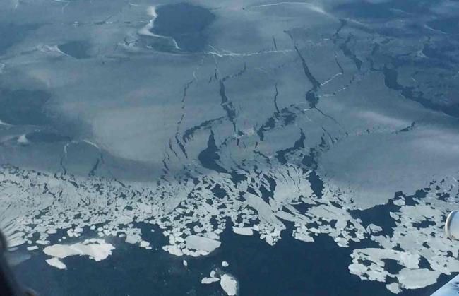 Such thin ice now could see record low summertime sea-ice conditions in the Arctic next September. Photograph: Operation IceBridge/Nasa