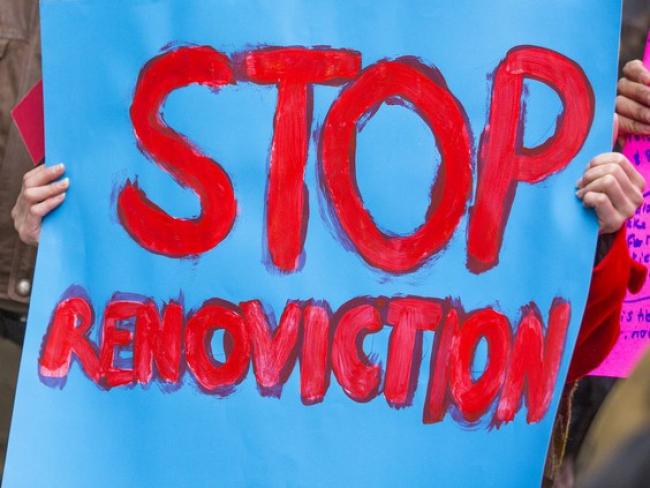 Nov. 9, 2018 file photo of a sign at a renoviction demonstration by the Vancouver Tenants Union. In an effort to prevent illegal renovictions in B.C., a proposed law would require landlords to apply to the Residential Tenancy Branch before they can issue an eviction notice relating to renovations. PHOTO BY FRANCIS GEORGIAN /PNG