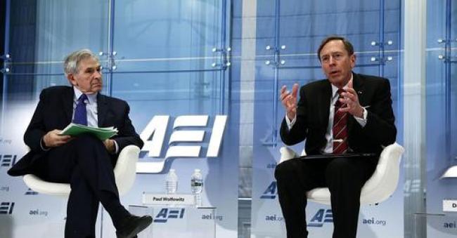 Former CIA Director and retired Army Gen. David Petraeus (R) participates in a discussion with former Deputy U.S. Defense Secretary Paul Wolfowitz (L) February 3, 2017 at American Enterprise Institute for Public Policy Research (AEI) in Washington, DC. (Photo by Alex Wong/Getty Images)