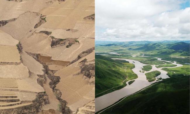 The Loess plateau, in China, in 2007, left, and transformed into green valleys and productive farmland in 2019. Composite: Rex/Shutterstock/Xinhua/Alamy