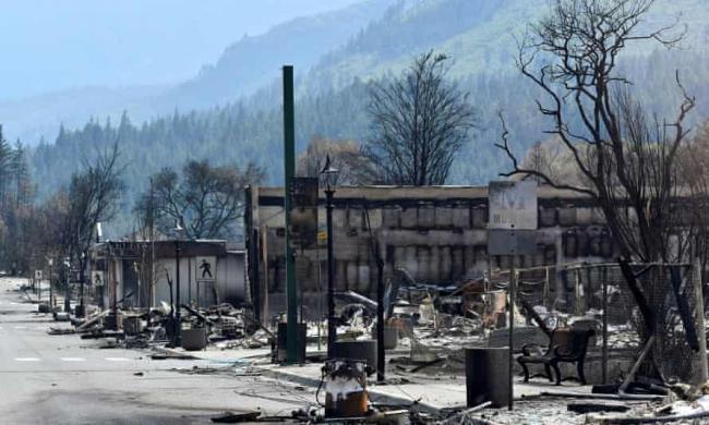 The charred remnants of homes and buildings in Lytton last month. Two people were killed in the Lytton blaze and most of the town destroyed. Photograph: Jennifer Gauthier/Reuters