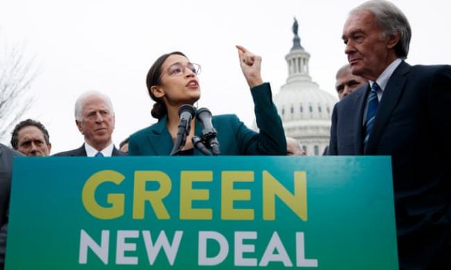 Democratic representative from New York Alexandria Ocasio-Cortez and Democratic Senator from Massachusetts Ed Markey introduce their Green New Deal resolution. Photograph: Shawn Thew/EPA