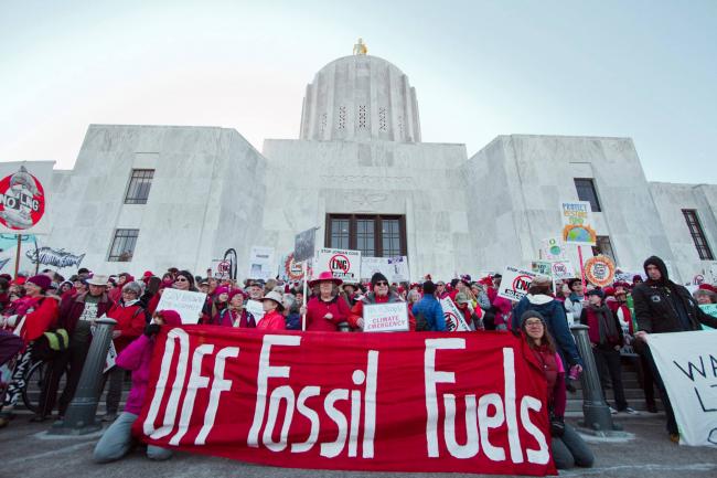 Photo: Climate protesters gathered at the State Capitol in Portland, Oregon in 2019 to protest the later canceled Jordan Cove LNG export terminal. Facebook/Rogue Climate.