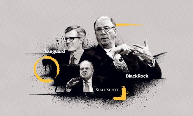 The CEOs of BlackRock, Vanguard and State Street, which together oversee assets worth more than China’s entire GDP. Illustration: Guardian Design