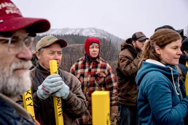 People against the Site C hydroelectric dam gathered on the property of Ken and Arlene Boon, farmers whose third-generation property is being expropriated for a Site C-related highway realignment that goes right through their house. “We feel railroaded,” Ms. Boon, 54, said. Credit Andrew Testa for The New York Times