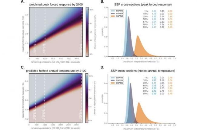 Probability of peak warming in response to cumulative emissions. Credit: Geophysical Research Letters (2024). DOI: 10.1029/2024GL111832