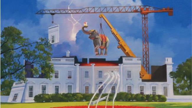 Illustration by Roberto Parada - Elephant lifted on to the White House