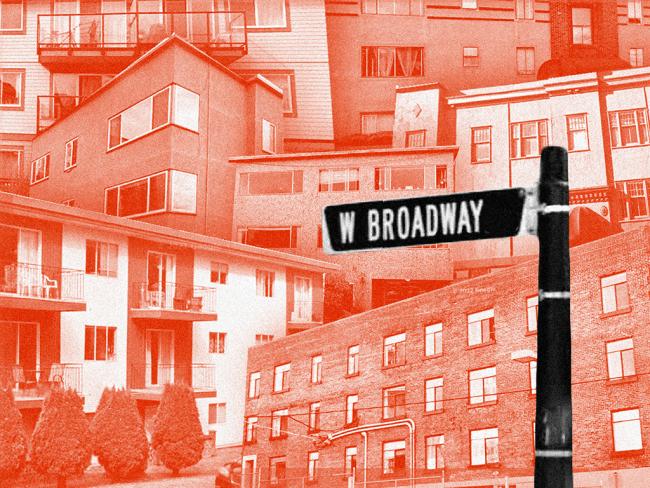 Vancouver’s Broadway corridor has rentals galore. Will tenants be uprooted and forced from the neighbourhood? Illustration by The Tyee.
