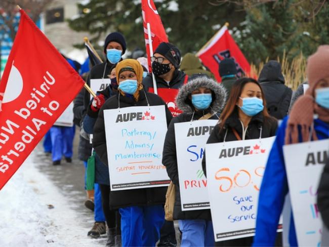 Healthcare workers protest during a walkout at the Foothills Hospital in Calgary on Monday, October 26, 2020. PHOTO BY GAVIN YOUNG /Postmedia