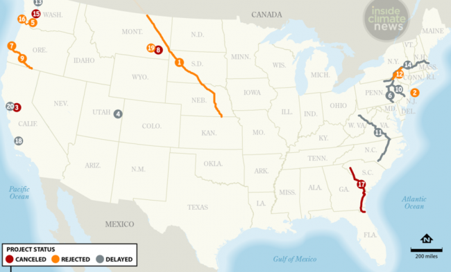 Editor's note:  This map and story were updated on June 4, 2016, to show newly canceled projects. These are: the Renewable Energy Group's Grays Harbor project and U.S. Development Group's Grays Harbor Rail Terminal. The previously delayed Northeast Energy Direct pipeline was also canceled, as was the Gateway Pacific Terminal. The Mariner East 2 pipeline and Dakota Access pipeline were recently delayed. This map will be frequently updated.