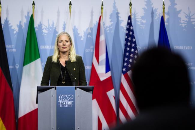 Environment and Climate Change Minister Catherine McKenna speaks with reporters at the G7 summit in Charlevoix, Que. on June 8, 2018. Photo by Alex Tétreault
