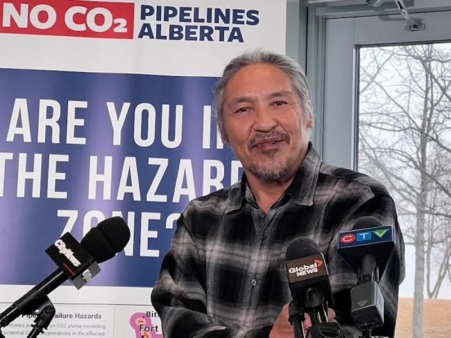 Chief Allan Adam of the Athabasca Chipewyan First Nation spoke at the NO CO2 Pipelines Alberta Coalition’s news conference in Edmonton. Photo by David J. Climenhaga.
