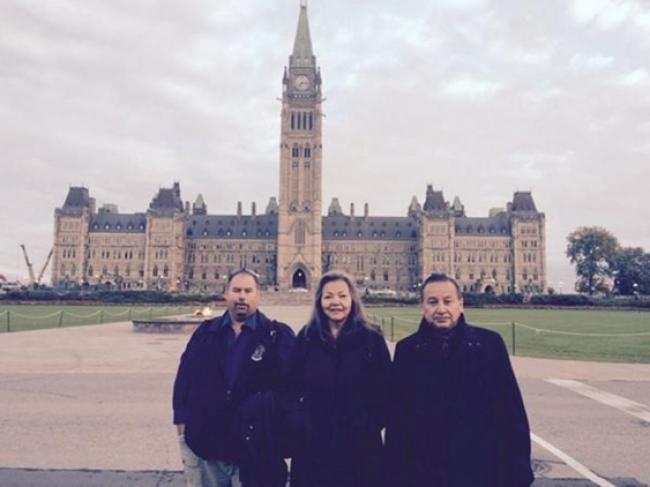 West Moberly First Nation Chief Roland Willson, Fort Nelson First Nation Chief Liz Logan and UBCIC Grand Chief Stewart Phillip in Ottawa in Sept. 2014. Phillip is calling on BC Hydro to back off a First Nations protest encampment on the south bank of the Peace River.   Photo By Twitter photo