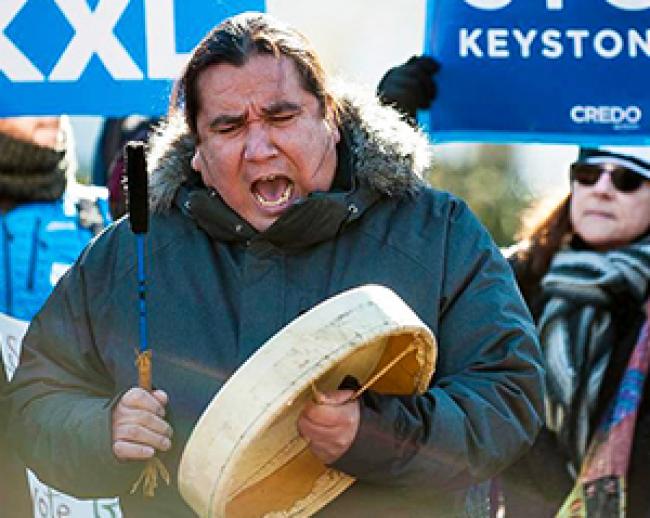Cree activist Clayton Thomas-Muller, shown at a Keystone XL protest last January, is organizing First Nations opposition to the Energy East Pipeline.