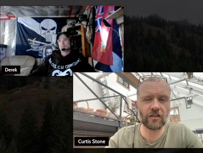 Curtis Stone speaking with Derek Harrison, a member of the extreme-right Canadian group Diagolon. Screenshots via Rumble.
