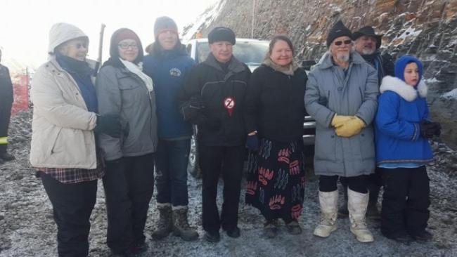 David Suzuki, third from the right, and Grand Chief Stewart Phillip, centre, joined protesters at the Site C protest camp at Rocky Mountain Fort on Monday. (Yvonne Tupper/Facebook)