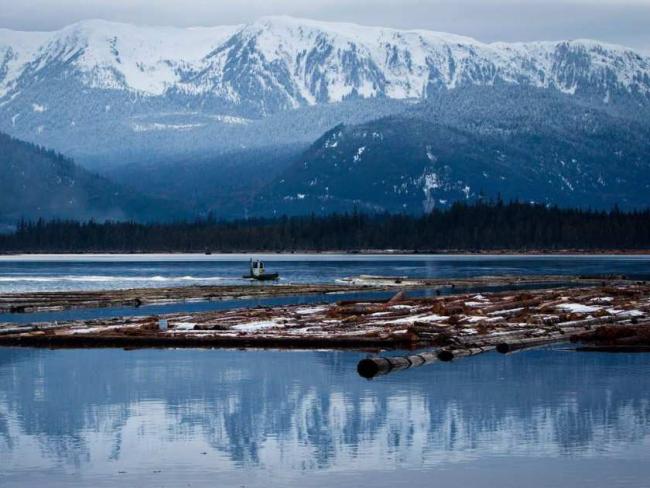 A worker uses a small boat to move logs on the Douglas Channel at dusk in Kitimat, B.C. Douglas Channel is the proposed termination point for an for an oil pipeline from Alberta as part of the Enbridge Northern Gateway Project. DARRYL DYCK / THE CANADIAN PRESS