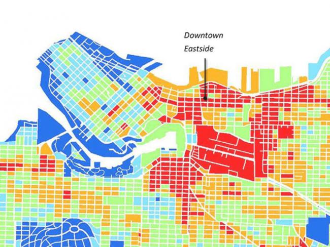 Vancouver’s Downtown Eastside is one of the hottest neighbourhoods in the city due to its lack of green space and abundance of pavement. Map from Urban Forest Strategy, 2018 update, City of Vancouver.