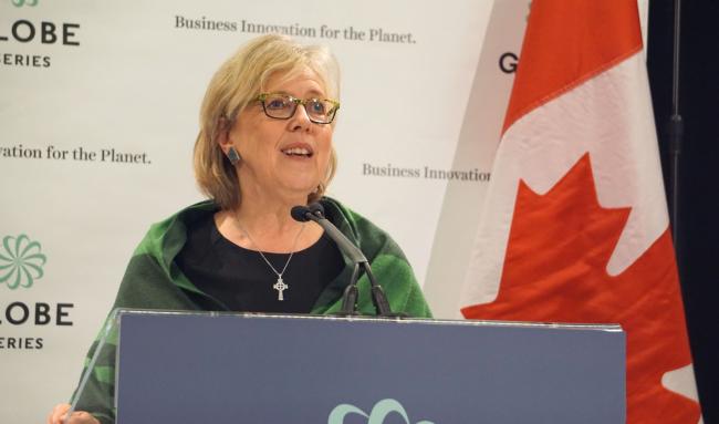 Green Party leader Elizabeth May calls on the federal Liberals to meet their climate action deadlines during the 2016 Globe Series in Vancouver, B.C. on Wed. March 2, 2016. Photo by Elizabeth McSheffrey.