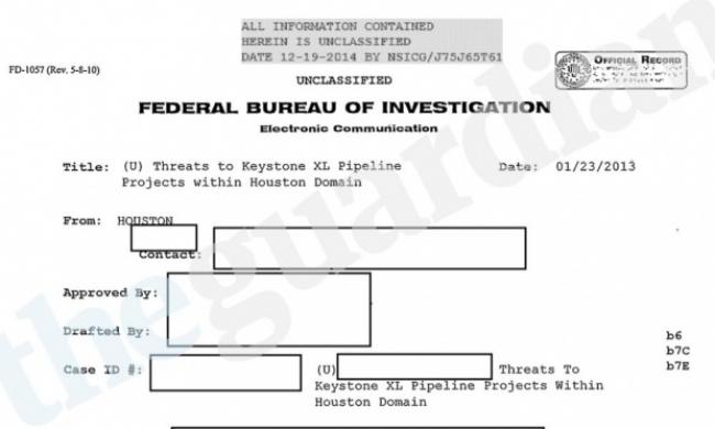 Documents show for the first time how FBI agents have been closely monitoring anti-Keystone activists in violation of its guidelines. Photograph: Guardian