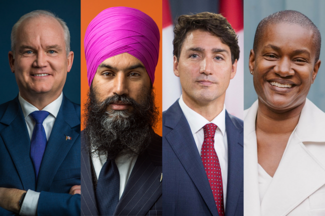 Canada election Sept. 2021 From left: Conservative Leader Erin O'Toole, NDP Leader Jagmeet Singh, Liberal Leader Justin Trudeau and Green Leader Annamie Paul. Photos by Erin O'Toole/Flickr, Alex Tétreault and Rebecca Wood