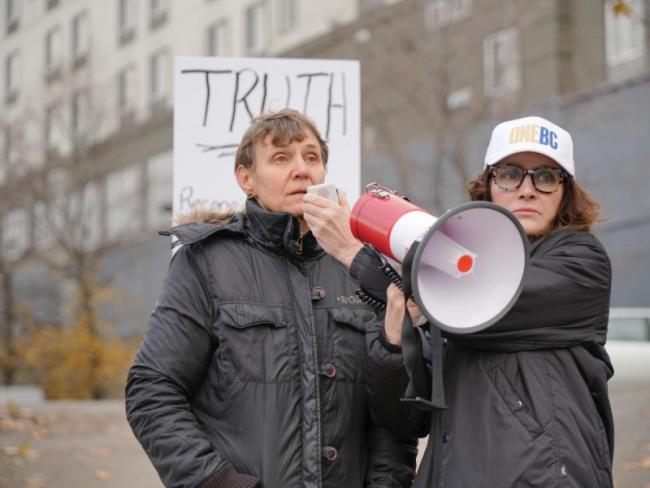 Frances Widdowson, a former Mount Royal University professor, left, and OneBC interim leader Dallas Brodie at an anti-reconciliation event in Kamloops, November 2025. Brodie has called reports of residential school graves the “worst lie in Canadian history.” Photo courtesy Dallas Brodie/X.