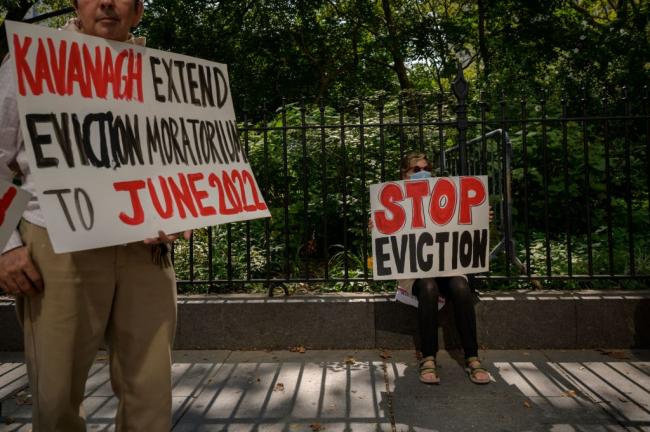 Demonstrators attend a rally calling for the extension of the eviction moratorium in New York City on August 11, 2021. (ED JONES/AFP via Getty Images)