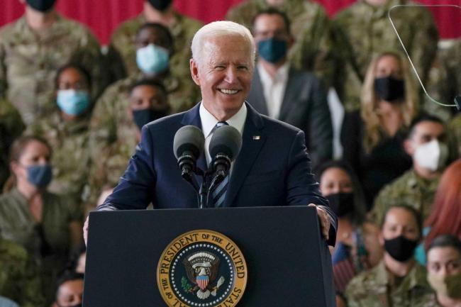 President Joe Biden addresses US Air Force personnel at RAF Mildenhall in Suffolk, 2021. (Joe Giddens / PA Wire via Getty Images)
