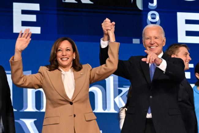 Joe Biden and Kamala Harris on the first day of the Democratic National Convention in Chicago on August 19, 2024. (Robyn Beck / AFP via Getty Images)