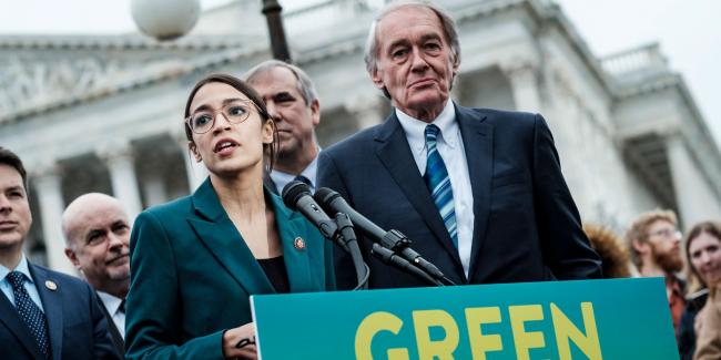 Rep. Alexandria Ocasio-Cortez speaks alongside Sen. Ed Markey at a news conference about the Green New Deal, in Washington, Feb. 7, 2019. Photo: Pete Marovich/Redux