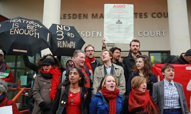  Supporters of the Heathrow runway protesters on trial for aggravated trespass and being in a restricted area of Heathrow airport without permission. Photograph: Mark Kerrison/Demotix/Corbis