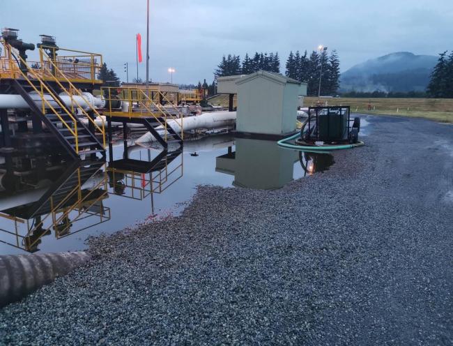 The Sumas Pump Station on the morning of June 13, 2020 showing the oil spill before cleanup. Trans Mountain photo