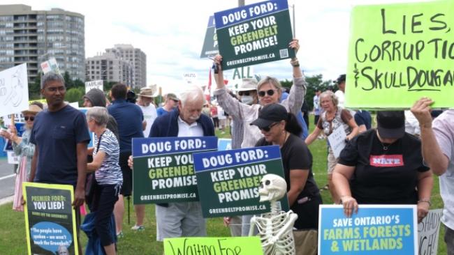 Stop Sprawl Durham protesters in Pickering, Ont. on Aug. 13, 2023. (Simon Sheehan/CP24)