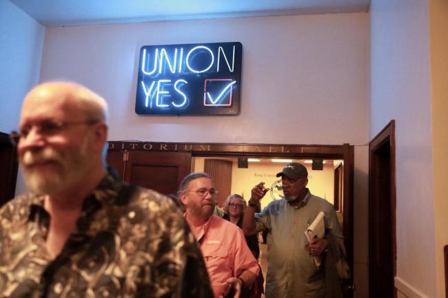 King County Labor Council members leave the auditorium hall at the Labor Temple in downtown Seattle, June 19, 2019. (Photo by Matt McKnight/Crosscut)