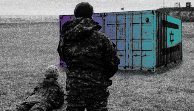 Graphic assembled by The Maple staff using photo of shipping container by Markus Winkler via Unsplash with colour filter and Israeli flag added by The Maple staff, and photo of soldiers by Niamat Ullah via Unsplash with black and white filter added by The Maple staff.