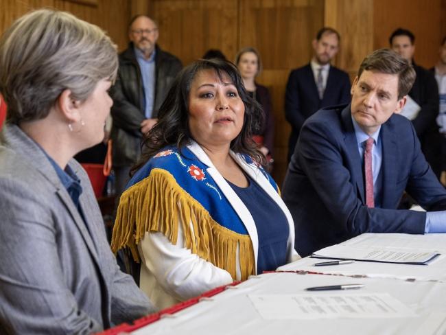 Blueberry First Nations Chief Judy Desjarlais, centre, signed a historic partnership agreement last month with BC’s Energy Minister Josie Osborne, left, and Premier David Eby, right. But it comes after years of ramped up gas extraction. Photo via BC government Flickr.