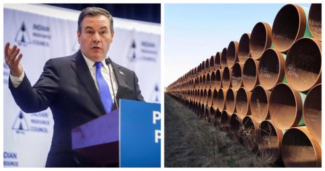 Alberta Premier Jason Kenney in Calgary on Feb. 26, 2020. Photo by The Canadian Press/Jeff McIntosh. Pipes intended for construction of the Keystone XL pipeline, April 22, 2015. Photo by The Canadian Press/Alex Panetta