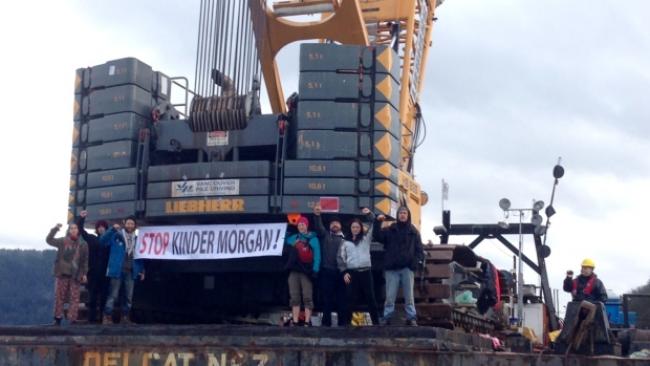 Burnaby RCMP arrested seven protesters who had boarded a barge conducting test drilling for the proposed Kinder Morgan pipeline. (Kelly Patrick Moore)