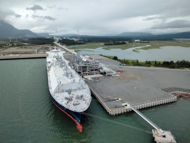‘Look West’ is mostly about doubling down as a petro-state through LNG and mining export projects in northern BC, writes Marc Lee. The photo shows an LNG tanker docked in Kitimat. Photo via LNG Canada.