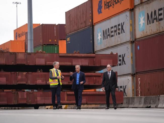 Prime Minister Mark Carney tours the DP World Centerm container terminal in Vancouver, during a period of intense trade threats from US President Donald Trump. Photo by Darryl Dyck, the Canadian Press.