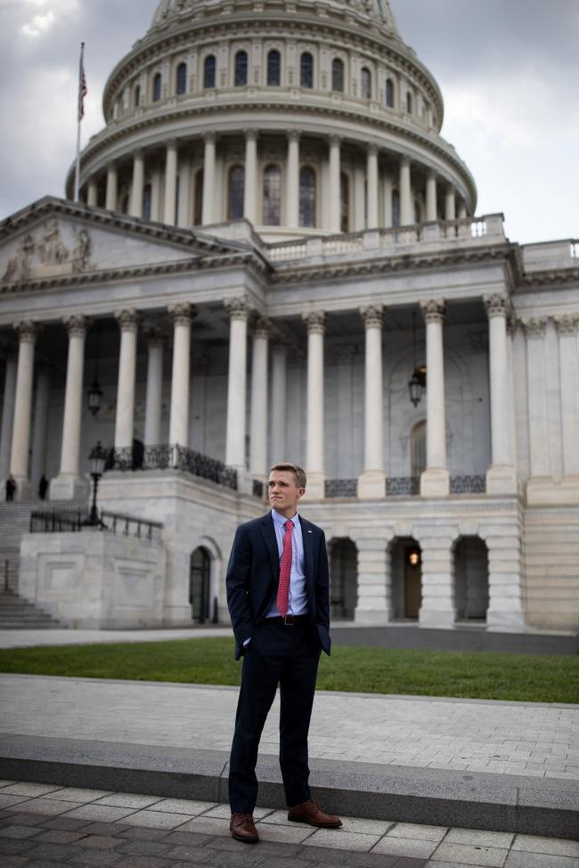 Benjamin Backer, 21, on Capitol Hill last month. He founded the American Conservation Coalition, a conservative group that advocates for environmental policies.Credit...Ting Shen for The New York Times