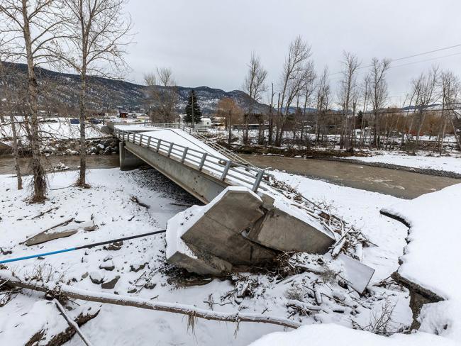 The Middlesboro Bridge, over the Coldwater River collapsed in 2021 and still has not been replaced. It will cost $10 million to fix, part of which will go to shoring up the dikes at the bridge site. Photo via BC government.