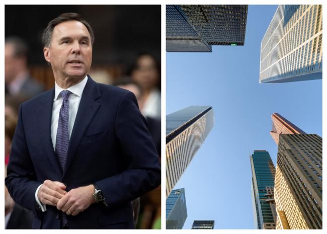 Lobbying of the Federal government was up 60% in March compared to the same month in 2019. File photo of Bill Morneau by The Canadian Press / Adrian Wyld. File photo of Toronto financial buildings
