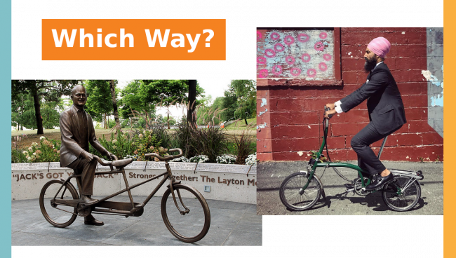 Which way NDP 2021 -  Jagmeet Singh and Jack Layton on bikes
