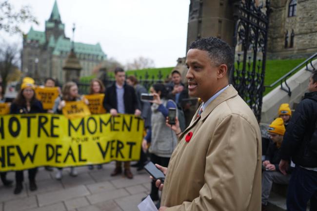 NDP MP Matthew Green speaks with the media after youth climate activists are removed from a House of Commons climate protest in October 2019. Photo by Spencer Mann